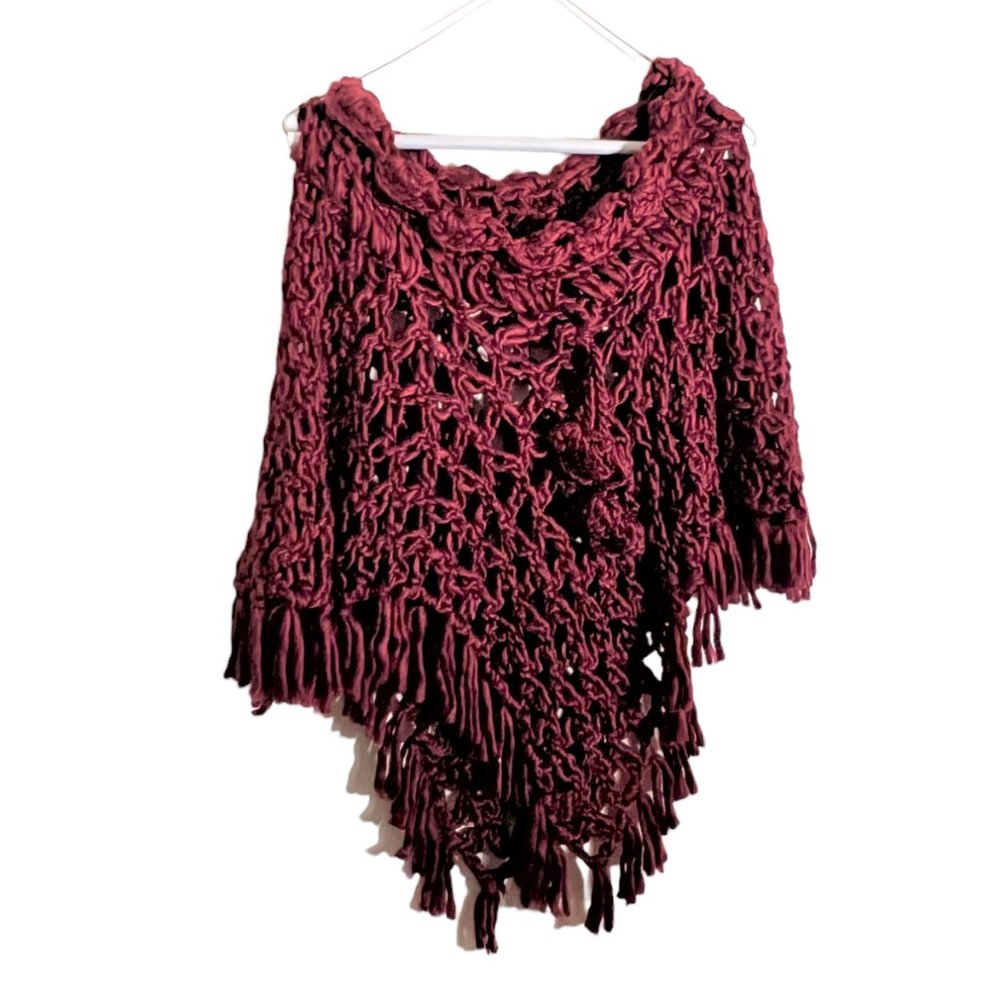 Handmade Crocheted Burgundy Cape w/Drawstring Tie at Neckline & Fringe, Sz S/M